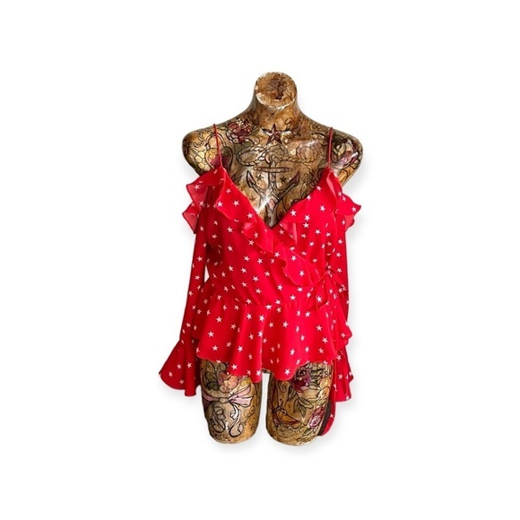 Asos wrap top blouse red white stars size 8 medium cold shoulder - Picture 1 of 8